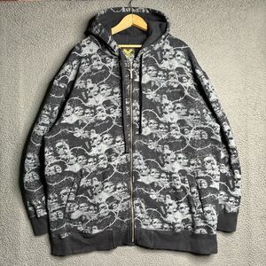 Vintage Y2K Avirex Skull Zip Up Hoodie Men’s XXL Black Goth Skater Jesse Pinkman